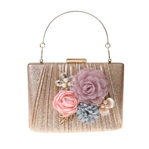 Plastic Pearl & Polyester hard-surface Handbag with chain & attached with hanging strap & with rhinestone floral PC