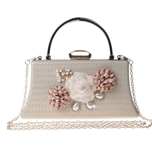 PU Leather & Plastic Pearl Handbag with chain & attached with hanging strap & with rhinestone floral PC