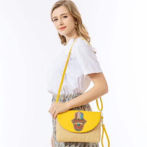 Straw & PU Leather Clutch Crossbody Bag attached with hanging strap PC