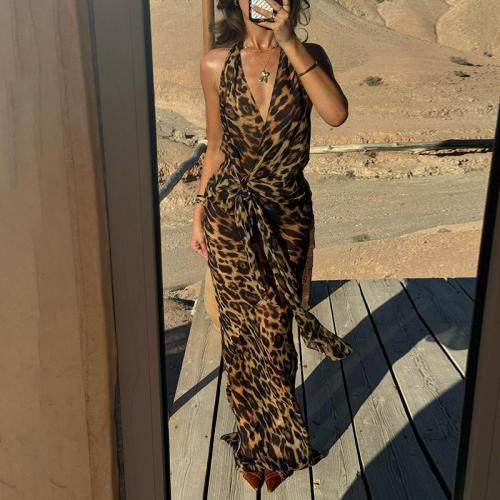 Polyester Two-Piece Dress Set deep V & two piece printed leopard coffee Set