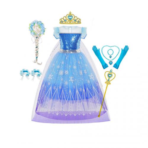 Polyester Ball Gown Children Princess Costume patchwork blue Set