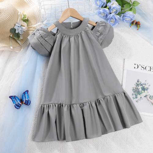 Polyester Girl One-piece Dress & off shoulder & breathable Solid PC