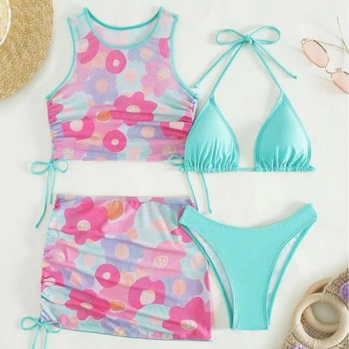 Spandex & Polyester Bikini & four piece printed floral blue and pink Set