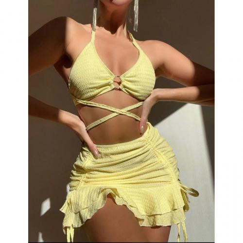Spandex & Polyester Bikini & three piece & with mini skirt Solid Set