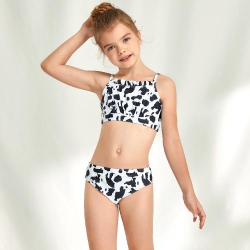 Spandex & Polyester Girl Kids Two-piece Swimsuit & two piece printed white and black Set
