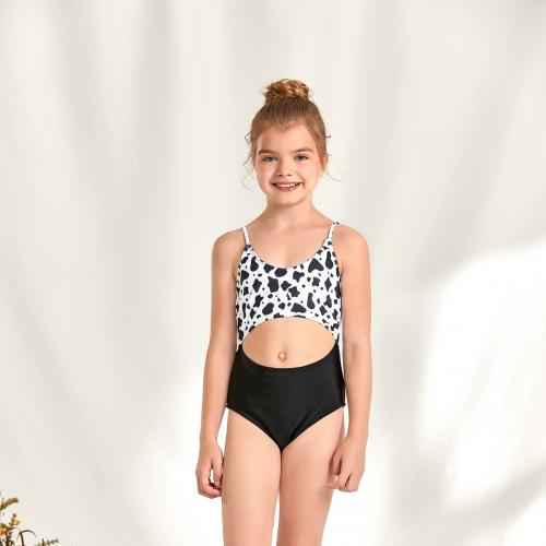 Spandex & Polyester Girl Kids Two-piece Swimsuit printed white and black Set