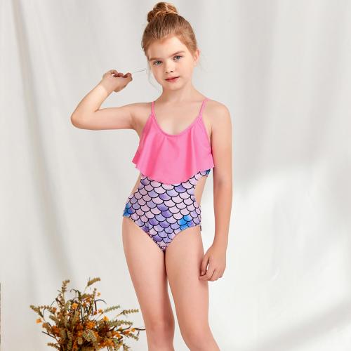 Polyester One-piece Swimsuit printed fish scale pattern pink PC