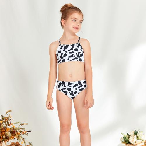 Polyester Girl Kids Two-piece Swimsuit printed white and black Set