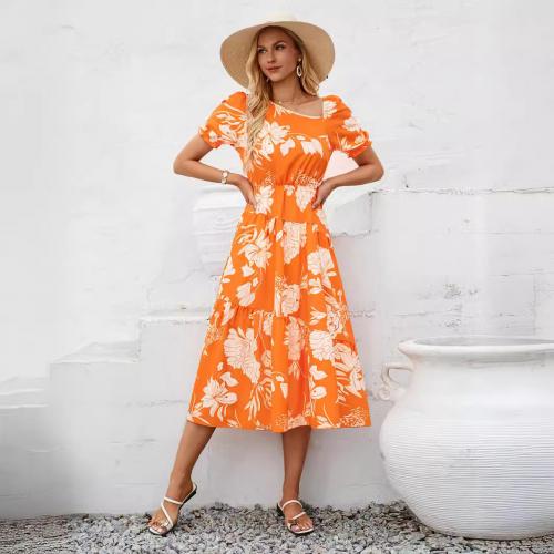 Polyester Waist-controlled One-piece Dress & loose & breathable printed floral PC