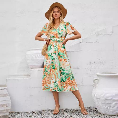 Polyester Waist-controlled & Soft One-piece Dress & knee-length printed floral PC