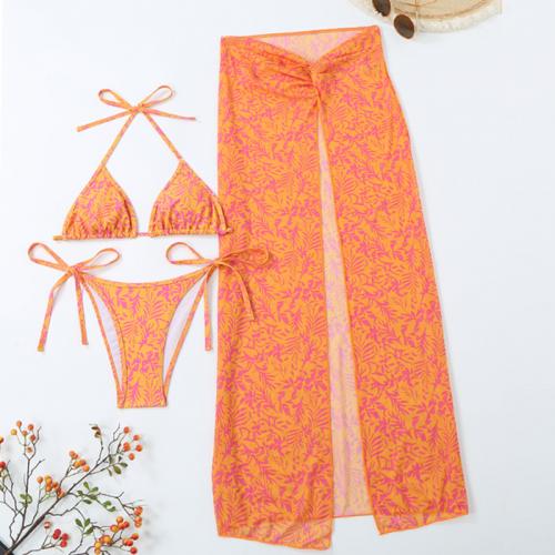 Spandex & Polyester Bikini backless & three piece & padded printed reddish orange Set