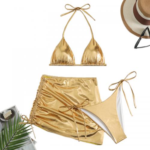 Spandex & Polyester Bikini backless & three piece & padded printed Solid gold Set