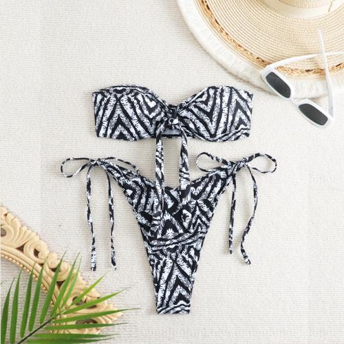 Spandex & Polyester Bikini, Gedruckt, Gestreift, weiß und schwarz,  Festgelegt