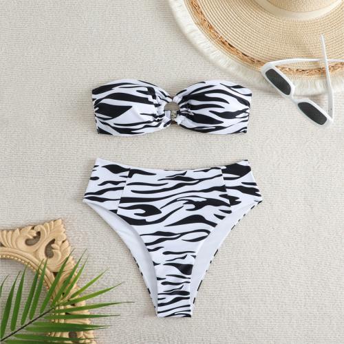 Spandex & Poliéster Bikini, impreso, a rayas, en blanco y negro,  Conjunto