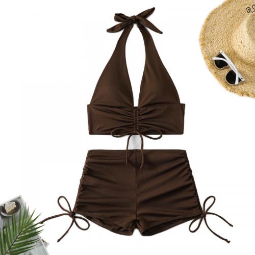 Spandex & Polyester Tankinis Set backless & two piece & padded Solid coffee Set