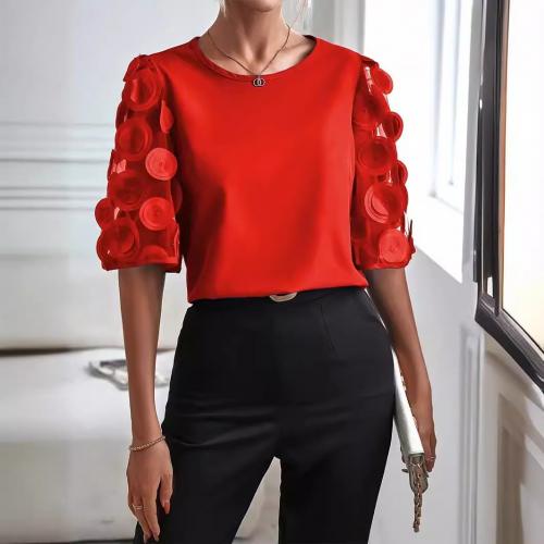 Spandex & Polyester Women Short Sleeve Blouses see through look & slimming patchwork PC