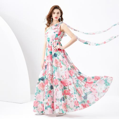 Polyester Waist-controlled & shoulder slope & long style One-piece Dress & off shoulder printed floral mixed colors PC