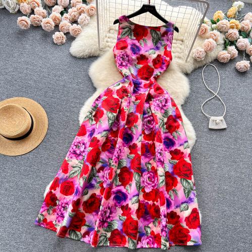 Polyester Slim One-piece Dress mid-long style printed floral red PC
