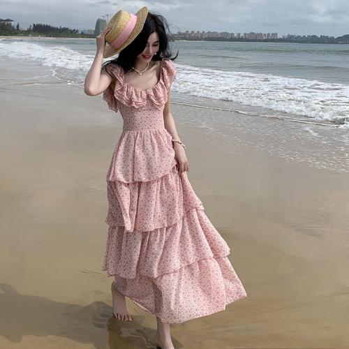 Chiffon Soft & Layered One-piece Dress backless printed shivering pink PC