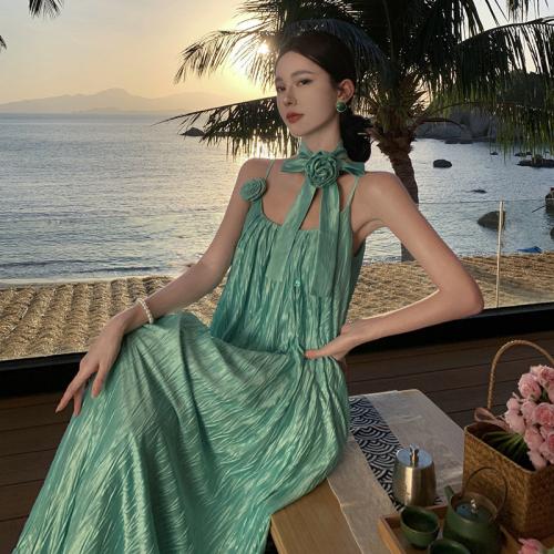 Chiffon Soft & Beach Dress One-piece Dress backless green PC