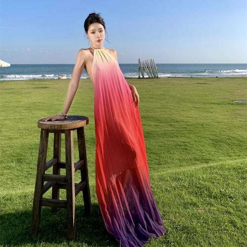 Chiffon Beach Dress One-piece Dress large hem design & backless gradient color PC