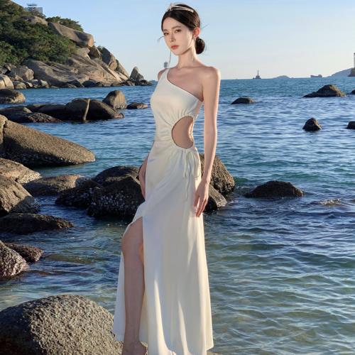 Chiffon shoulder slope One-piece Dress side slit & hollow Solid white PC