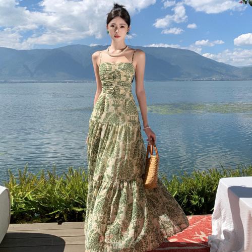 Chiffon Beach Dress One-piece Dress large hem design & backless printed green PC