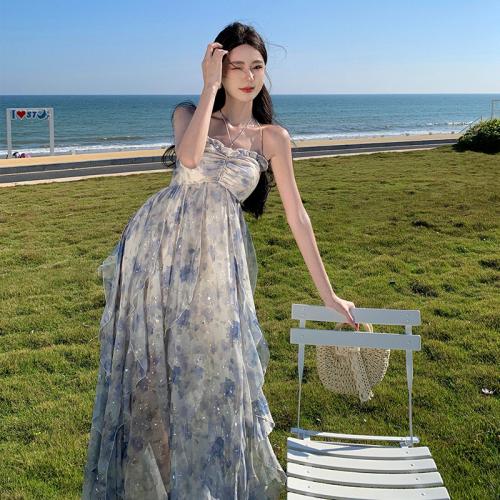 シフォン ワンピースドレス 印刷 花 青 一つ