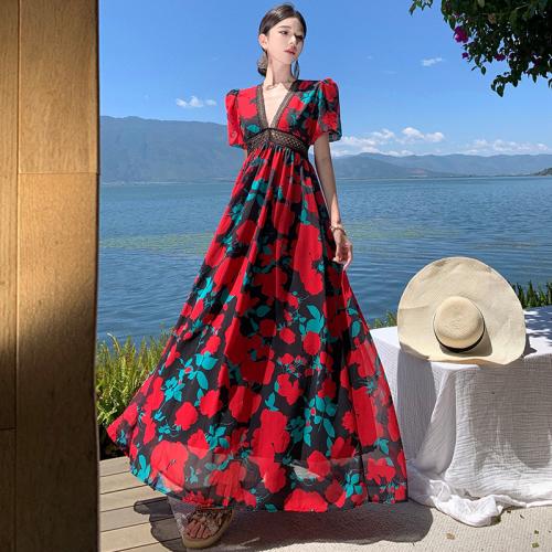 Chiffon Beach Dress One-piece Dress large hem design & deep V printed floral red PC