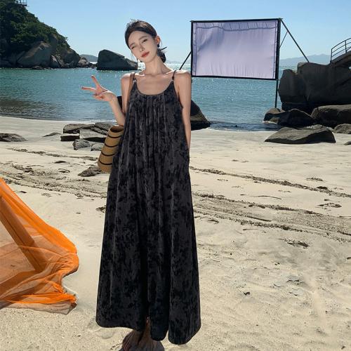 Chiffon Beach Dress One-piece Dress large hem design & backless printed black PC