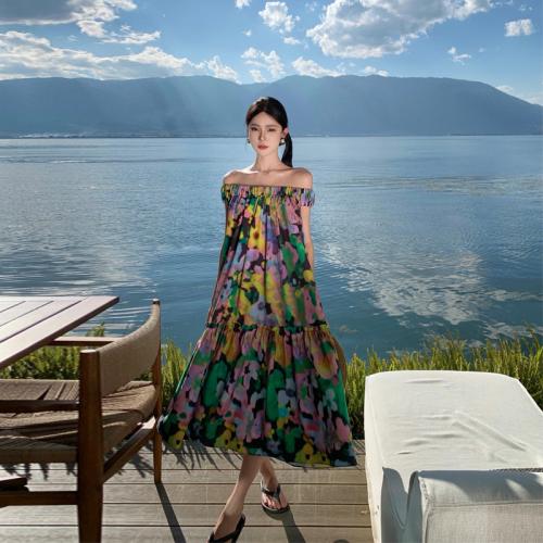 Chiffon Soft One-piece Dress large hem design & off shoulder printed floral PC