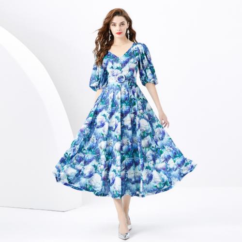 Polyester Waist-controlled & Soft One-piece Dress & breathable printed floral PC
