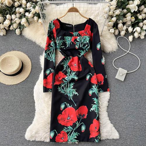 Polyester Slim & High Waist One-piece Dress printed floral PC