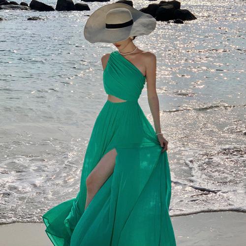 Polyester Slim One-piece Dress side slit & hollow & One Shoulder patchwork green PC