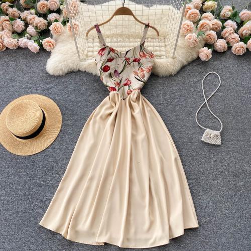 Mixed Fabric Waist-controlled One-piece Dress & off shoulder printed Solid beige PC