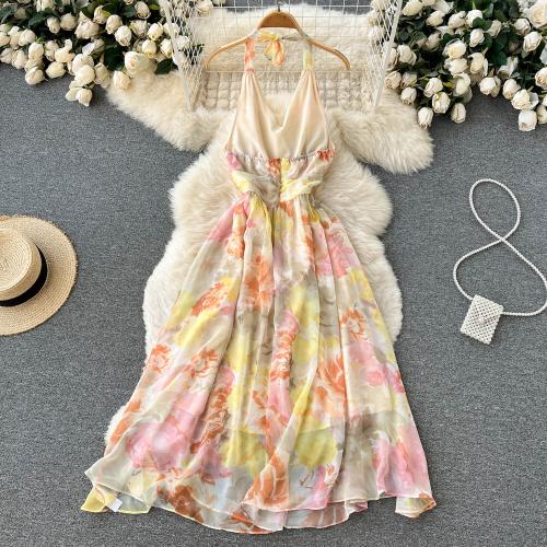 Mixed Fabric Waist-controlled One-piece Dress backless & off shoulder printed floral yellow PC