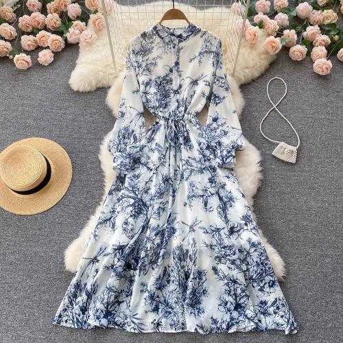 Mixed Fabric Waist-controlled & long style One-piece Dress large hem design printed Plant blue PC