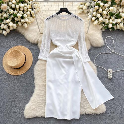Mixed Fabric Slim Sexy Package Hip Dresses see through look & breathable Solid white PC