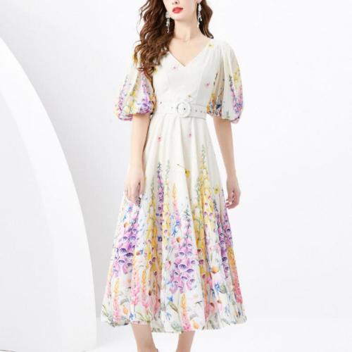 Chiffon & Polyester One-piece Dress large hem design & deep V printed PC