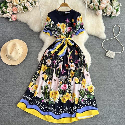 Polyester Slim One-piece Dress mid-long style printed floral black PC