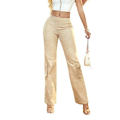 Rayon & Spandex Straight & High Waist Women Long Trousers khaki PC