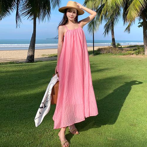 Polyester Soft One-piece Dress double layer & backless Solid pink PC