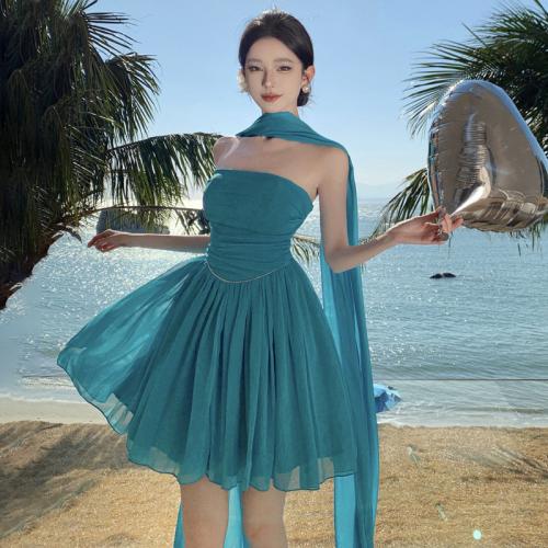 Polyester One-piece Dress see through look & double layer & off shoulder Solid blue PC