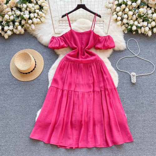 Mixed Fabric Waist-controlled One-piece Dress backless & off shoulder Solid fuchsia PC