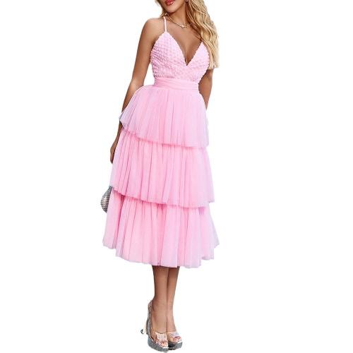 Polyester Slim & Ball Gown Slip Dress patchwork pink PC