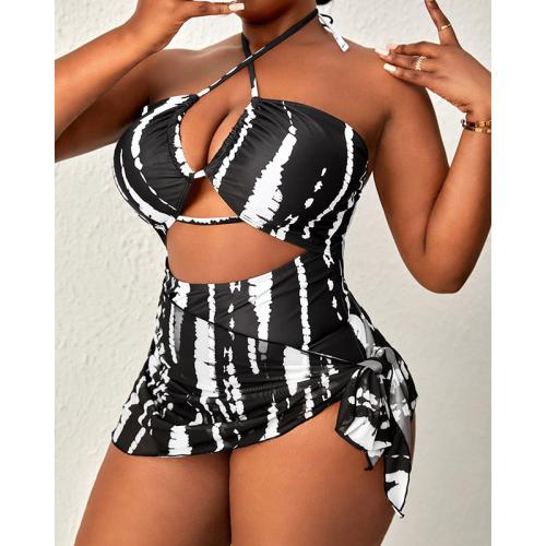 Polyester Plus Size One-piece Swimsuit & padded printed striped black Set