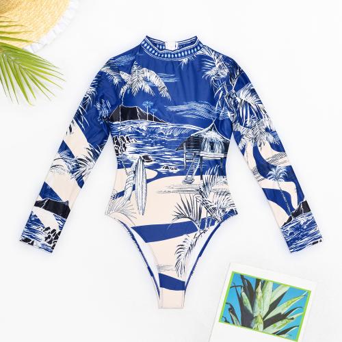 Polyester One-piece Swimsuit backless & padded printed blue PC