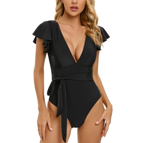 Polyester One-piece Swimsuit backless & padded Solid black PC