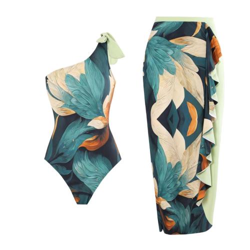 Spandex & Polyester One-piece Swimsuit & two piece & padded & One Shoulder printed floral multi-colored Set