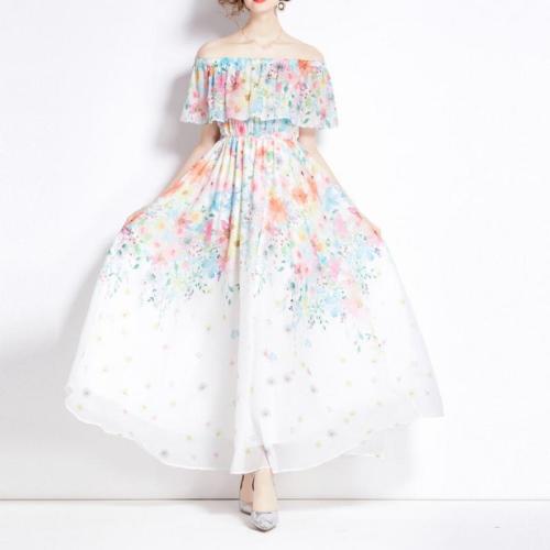 シフォン ワンピースドレス 印刷 白 一つ